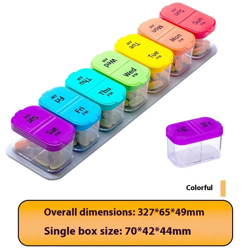 Extra large white or rainbow colour portable pill box with 14 removable compartments for medication organisation