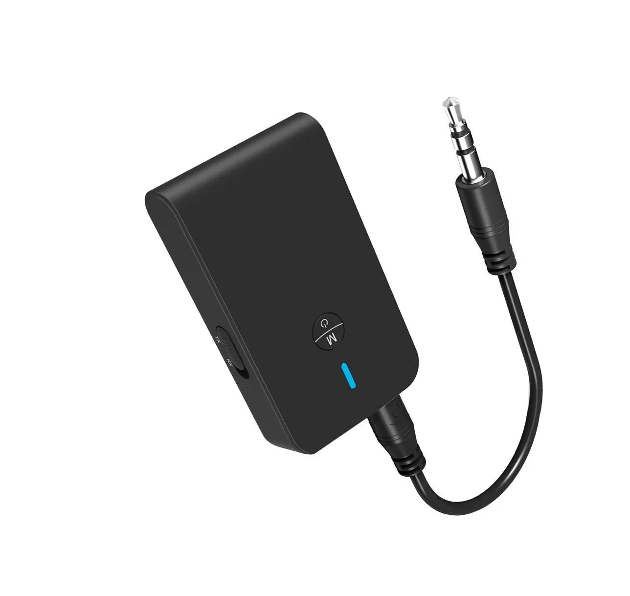 Black Bluetooth audio adapter with 3.5mm AUX cable and external power supply