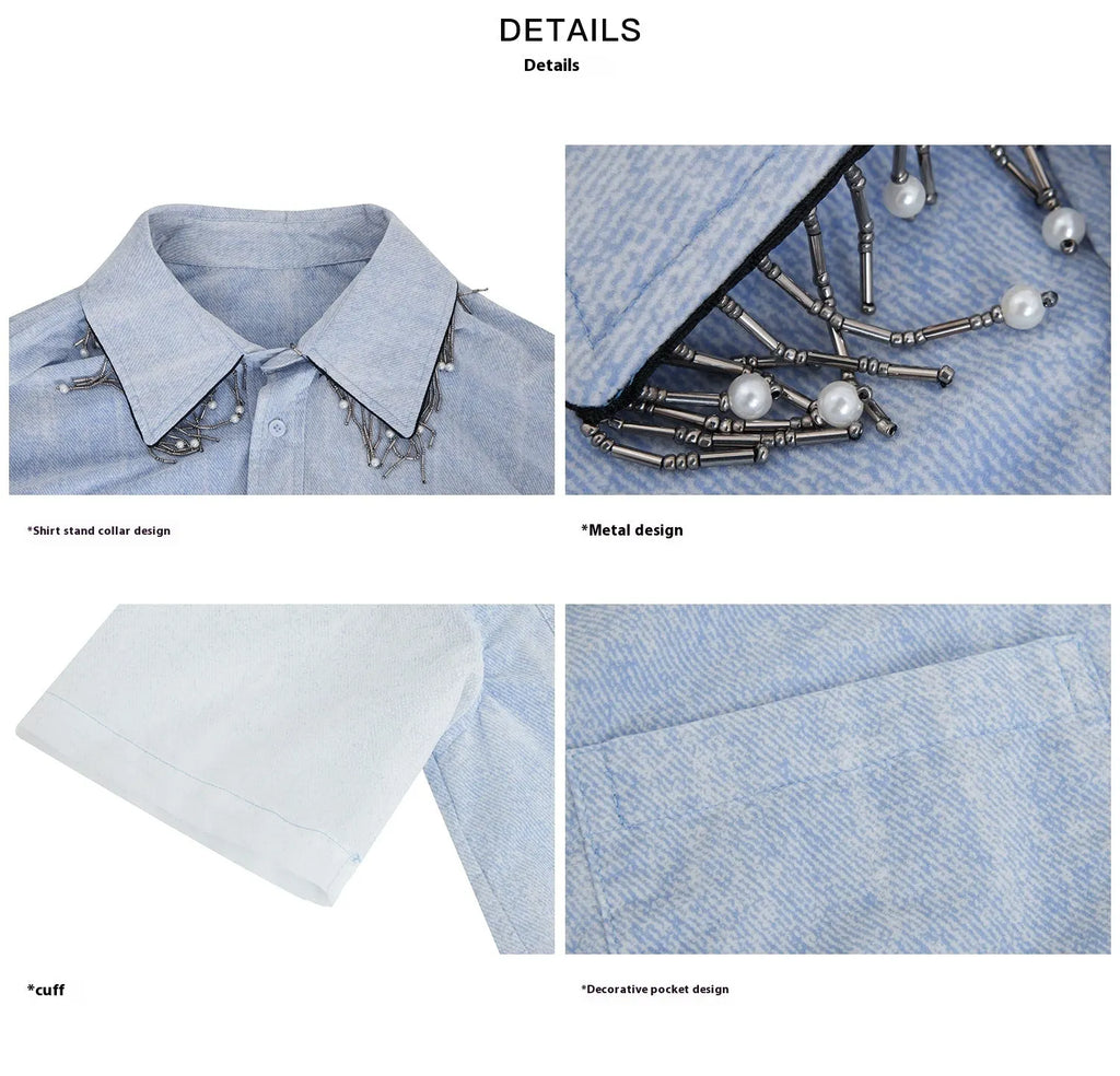 Men's loose fit blue and white gradient short sleeve shirt with quilted design