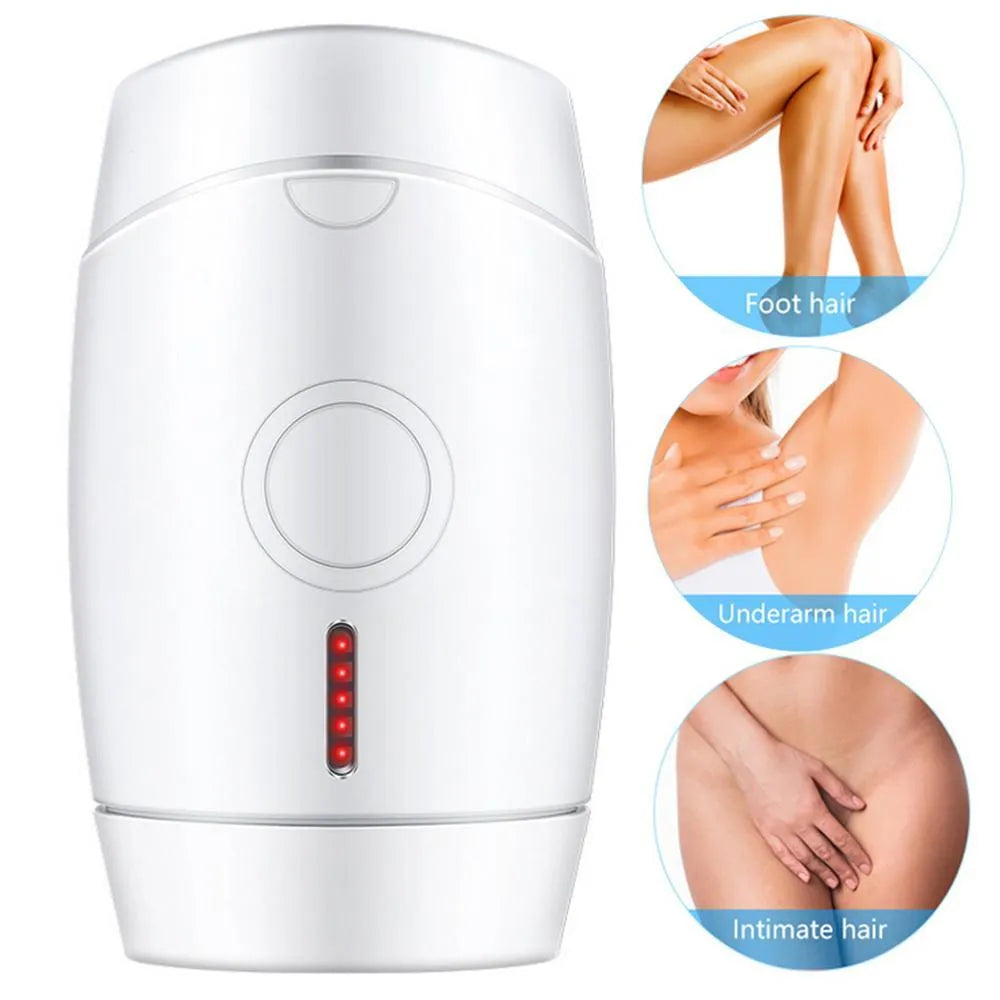 White home laser hair removal instrument with display, showing compact size and included adapter.