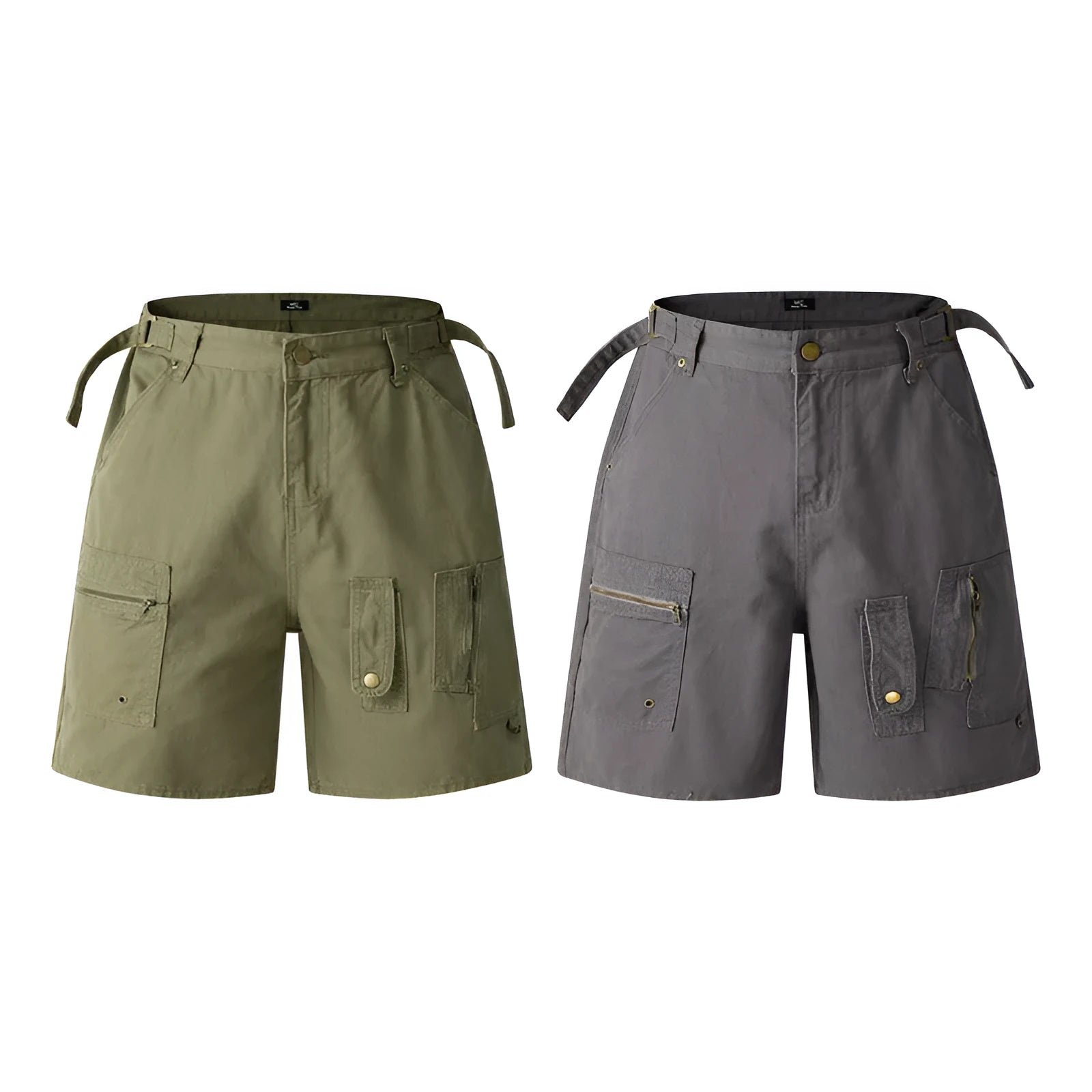 Retro loose fit washed cotton workwear shorts in grey, shown with half elastic waistband and fifth pants length.