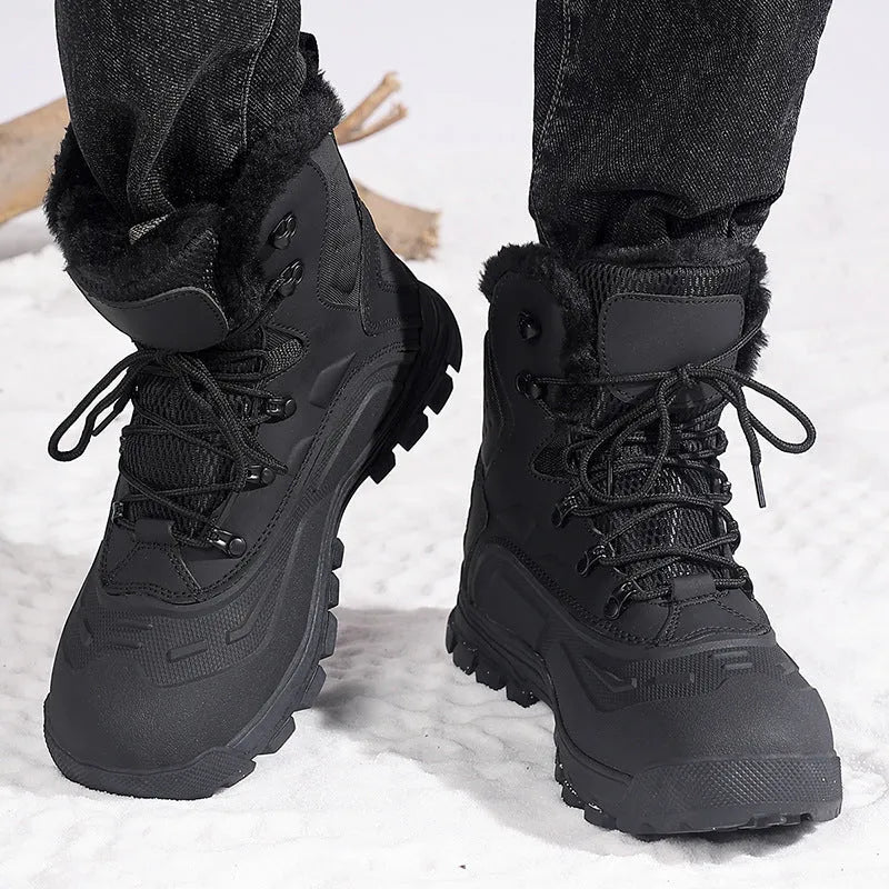Men's black fleece-lined high-top boots with flat heel and lace-up front.