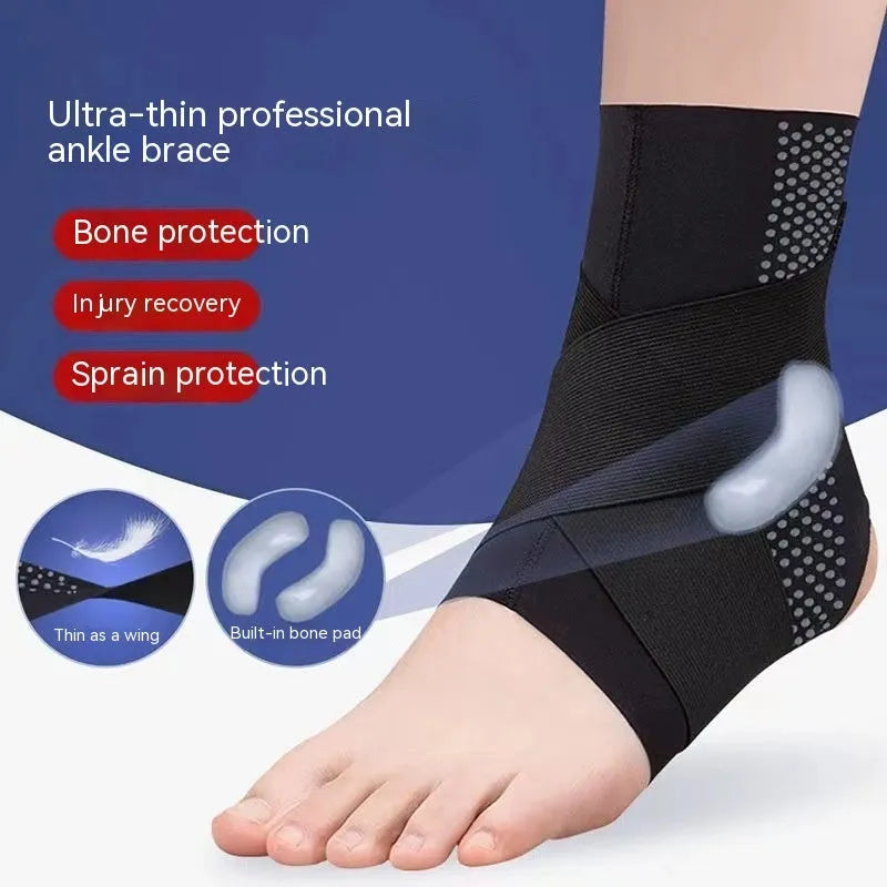 A black Lycra cloth ankle support brace for adults, laid flat to show its sleeve design.