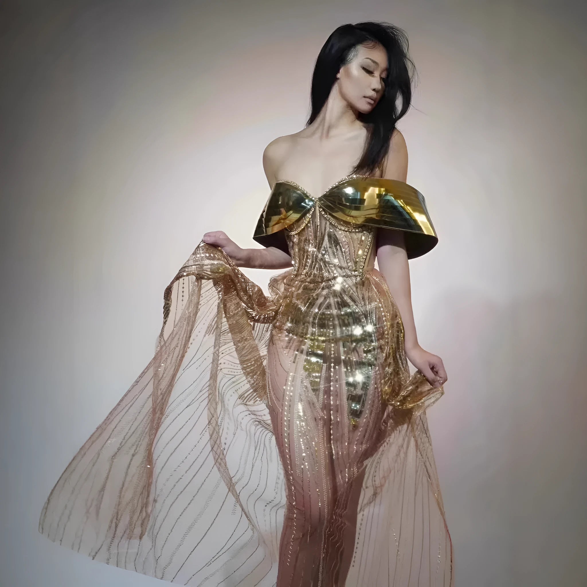 Gold strapless sequined split dress with long skirt and tube top design