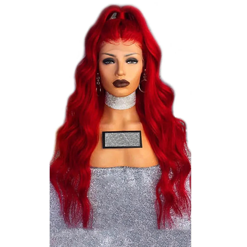 Long curly red female wig on stand with 26 inch length and half hand-woven construction