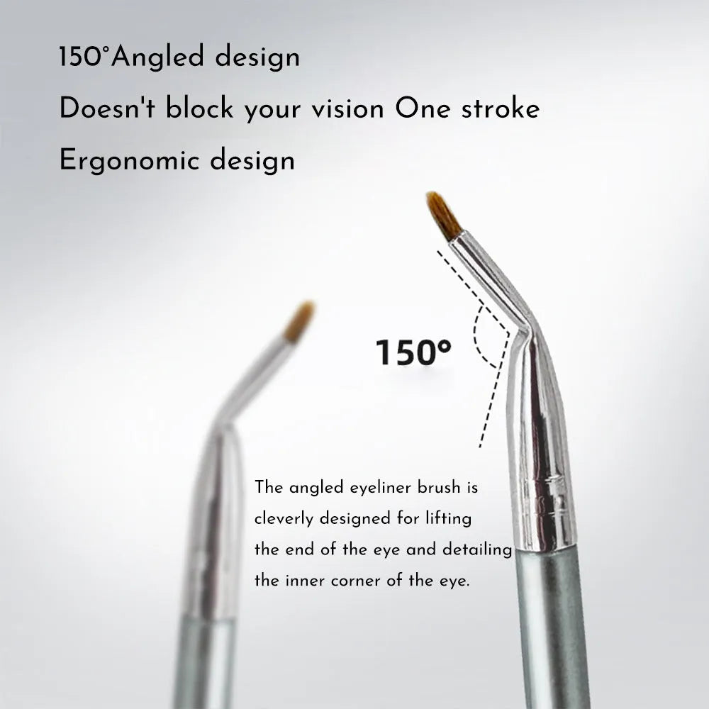 Bend head eyeliner and detail makeup brush for tear trough concealer and fine liner application.