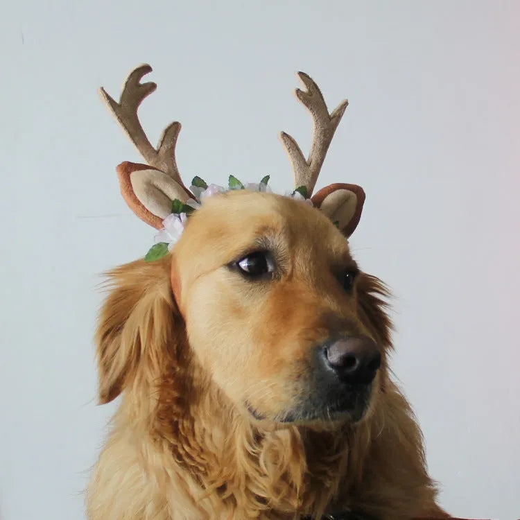 Cat and dog Christmas hat with short plush silk flower decoration in photo colour