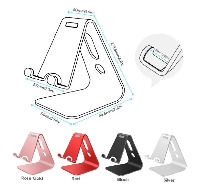 Aluminium universal stand holding a mobile phone and a tablet, shown in silver colour.