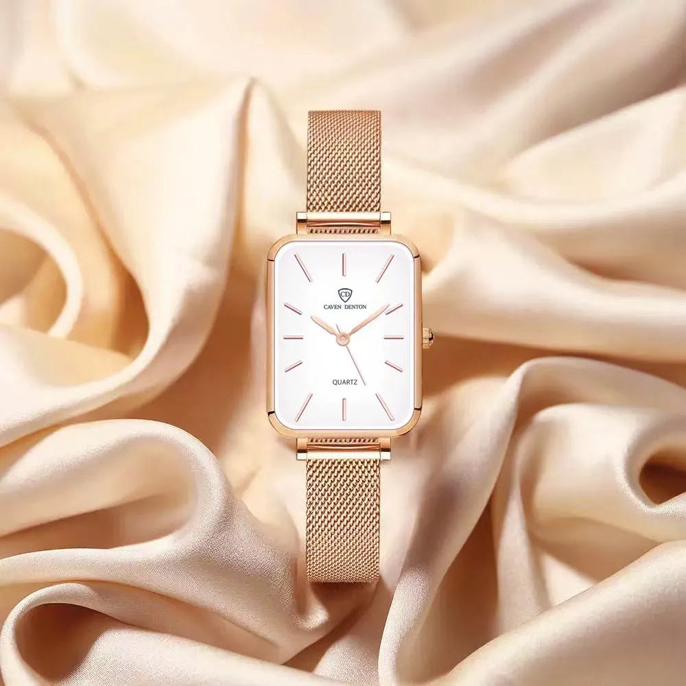 Women's rose gold or silver alloy waterproof quartz watch with woven steel strap.