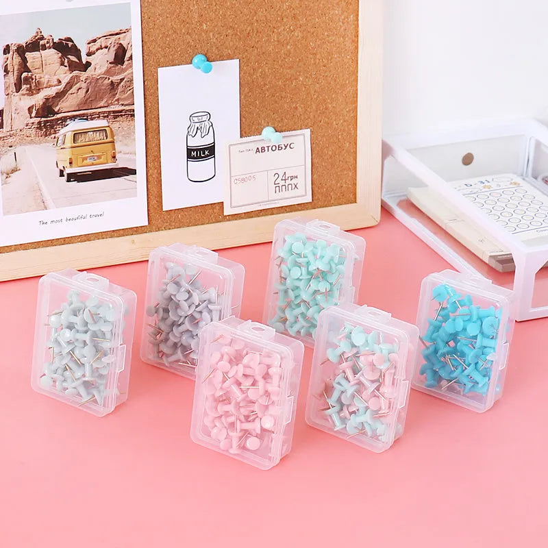 50-piece pack of Morandi colour push pins with three different pin head styles on a cork board.