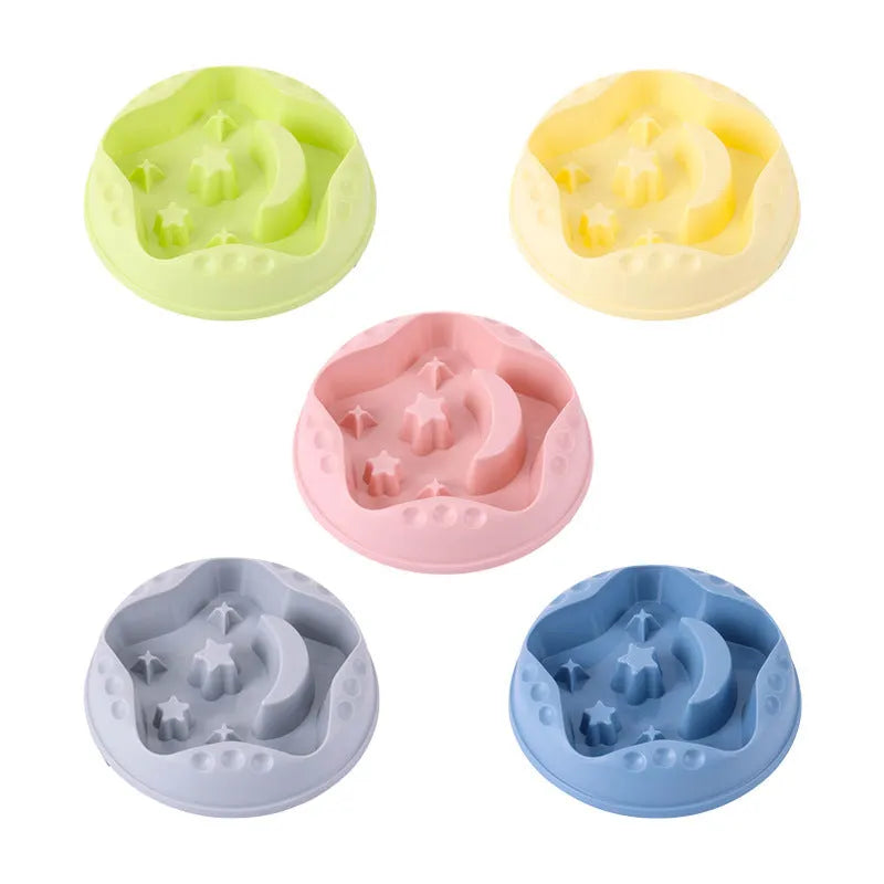 Moon and star design slow feed dog bowl in blue colour with non-slip silicone base