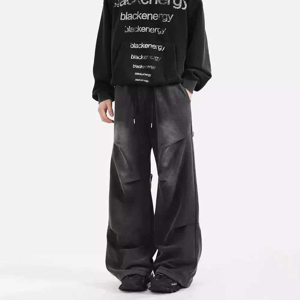 Men's American washed cotton pleated straight loose sweatpants in black with elastic waist