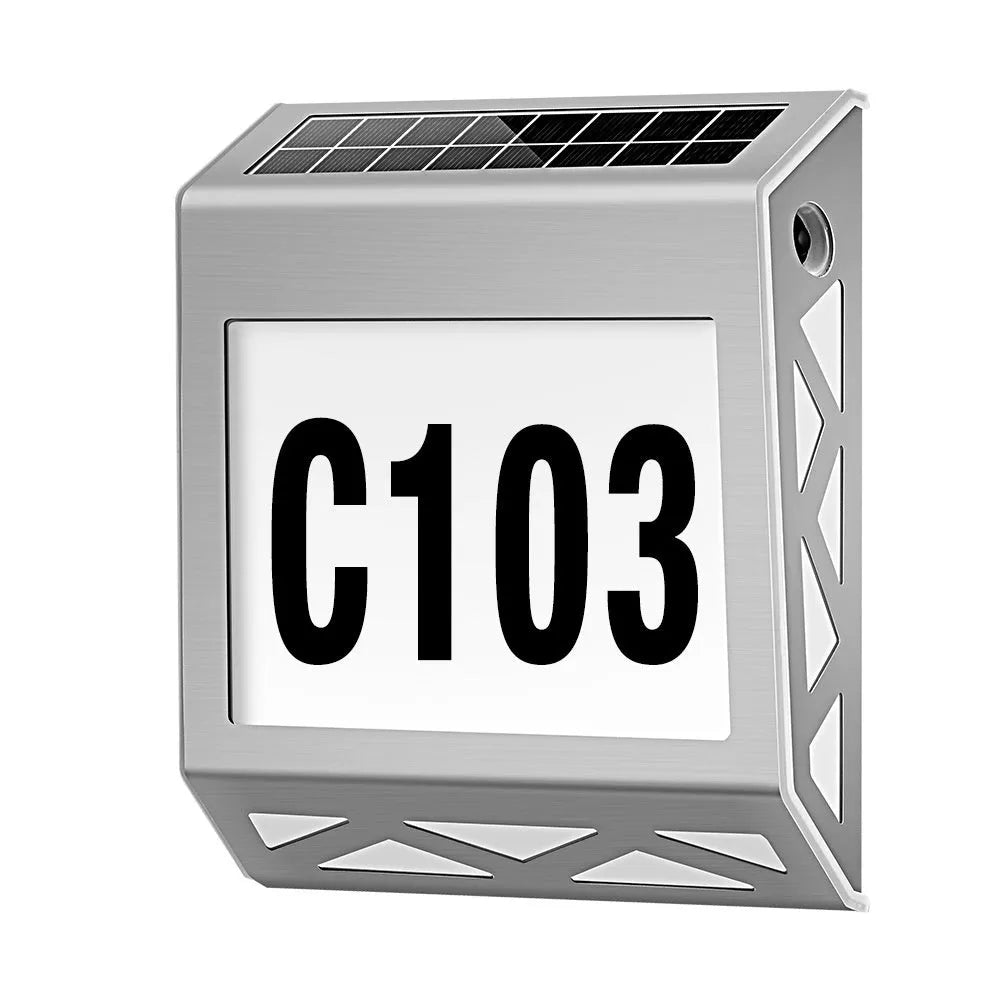 Solar powered waterproof doorplate light for outdoor address numbers with black and silver colour options