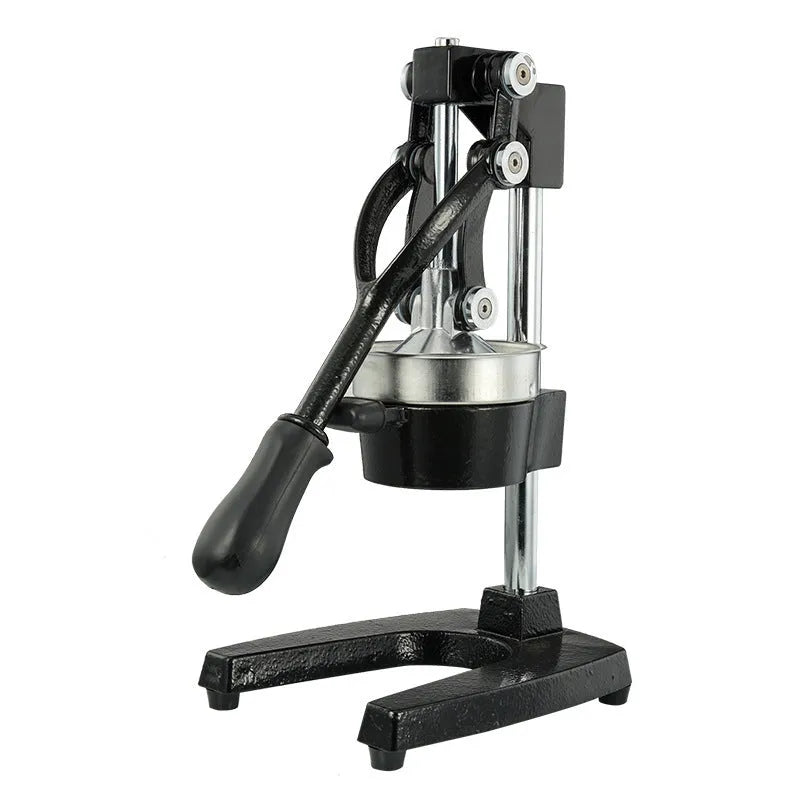 Black and white manual cast iron juice press with stainless steel funnel, 40cm tall.