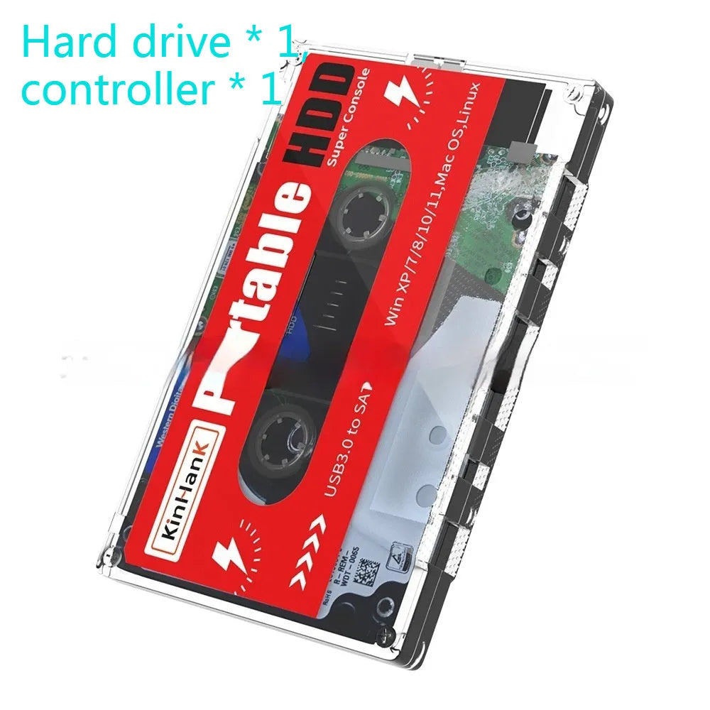 2TB external mechanical hard drive for PC games with USB cable, dimensions 12.8cm x 8cm.