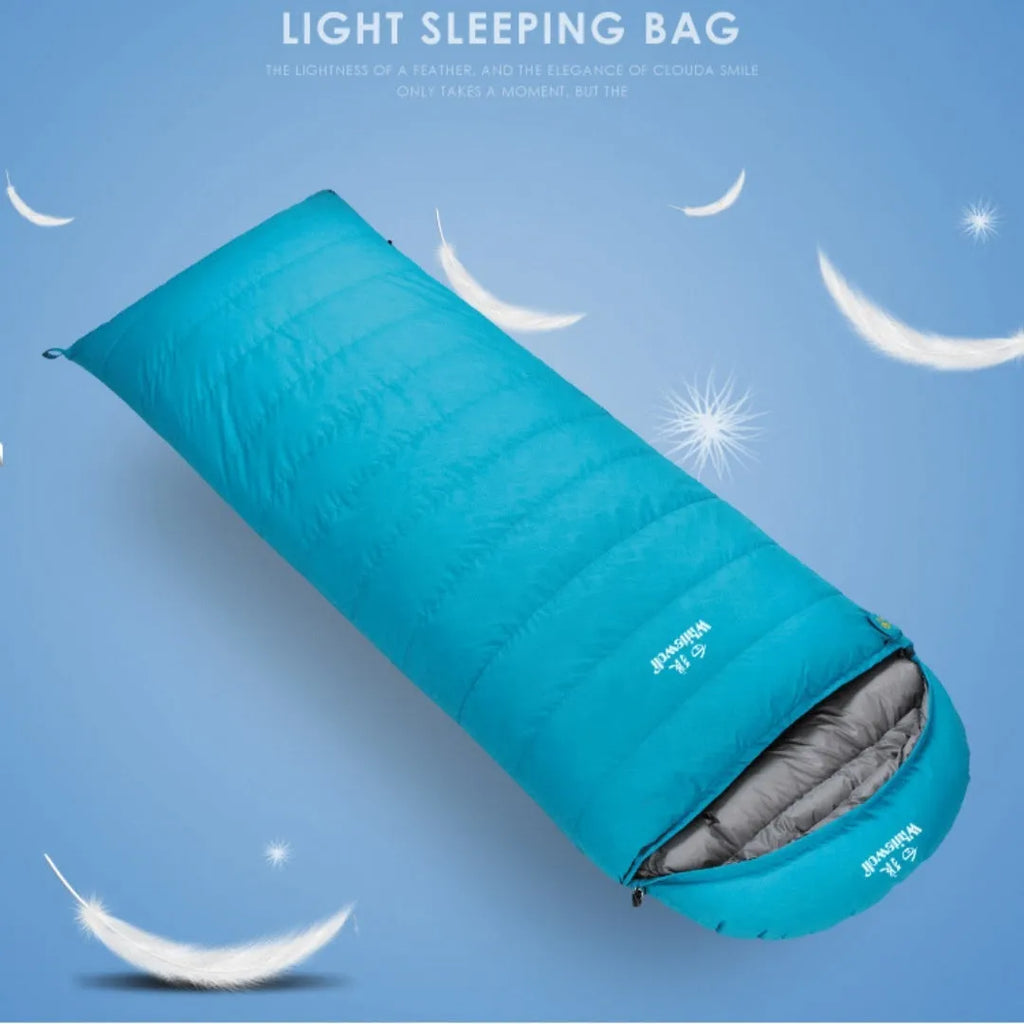 Black outdoor down sleeping bag with envelope construction for adult camping use