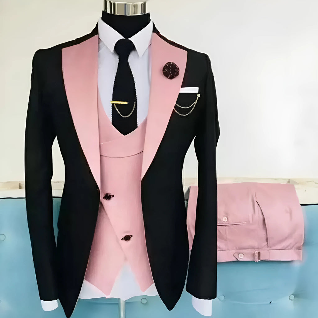 Men's slim fit three-piece business suit in cotton fabric with coat, vest and trousers