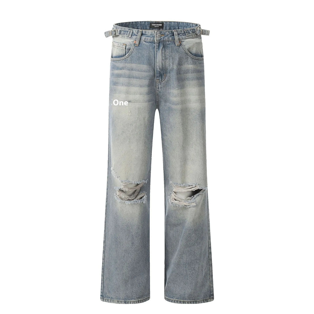 Men's blue straight-leg jeans with retro ripped detailing and an adjustable waistband