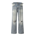 Men's blue straight-leg jeans with retro ripped detailing and an adjustable waistband