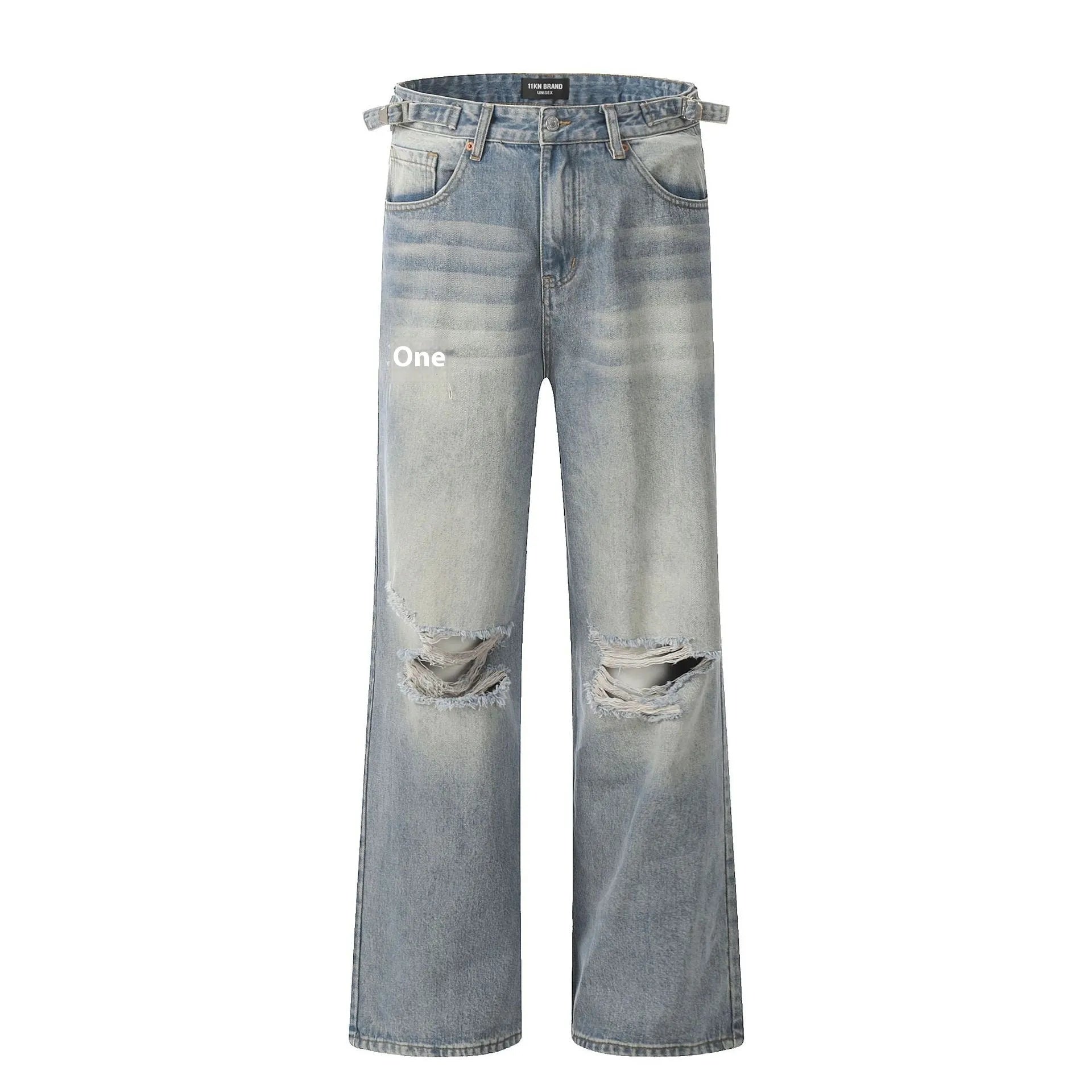 Men's blue straight-leg jeans with retro ripped detailing and an adjustable waistband