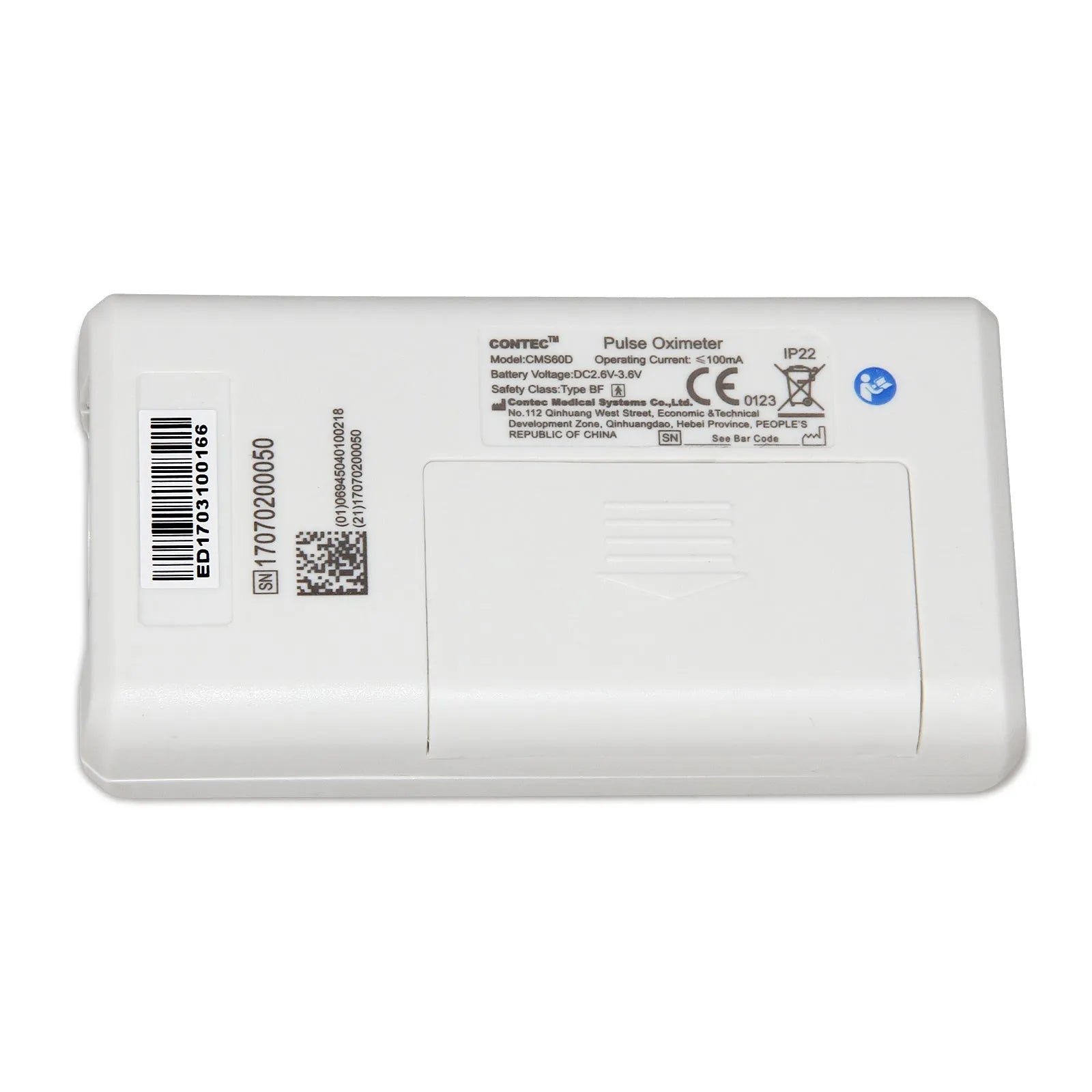 CMS60D pulse oximeter with colour OLED display, three external probes (adult, paediatric, neonatal), and PC data cable