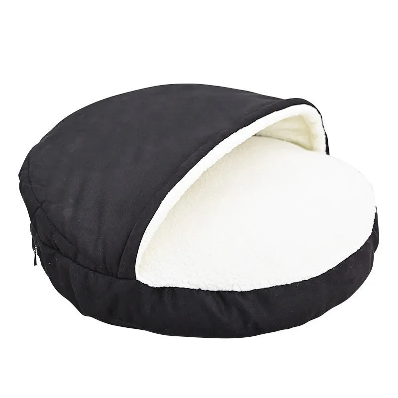 Removable cloth dog kennel in brown and grey colour options showing S and M sizes