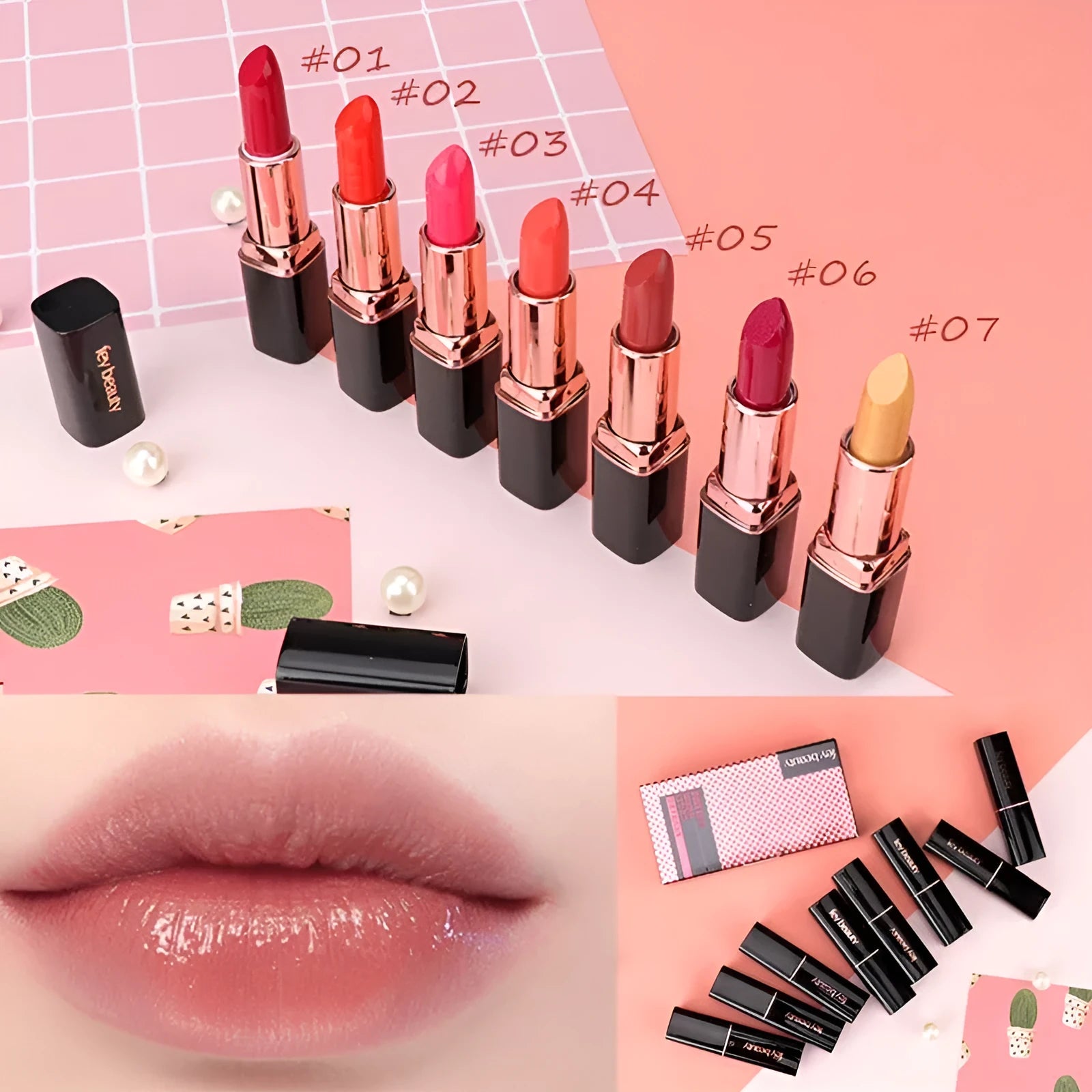 Fey Beauty non-stain matte lipstick in simple case, shades include cameo brown and milk tea colour.