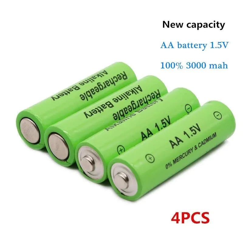 Pack of green alkaline rechargeable AA batteries with 3000mAh capacity and 1000 charge cycles