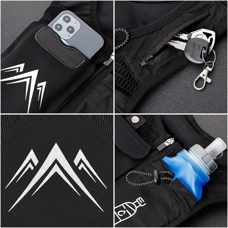 Sports running vest with integrated phone bag in breathable mesh fabric