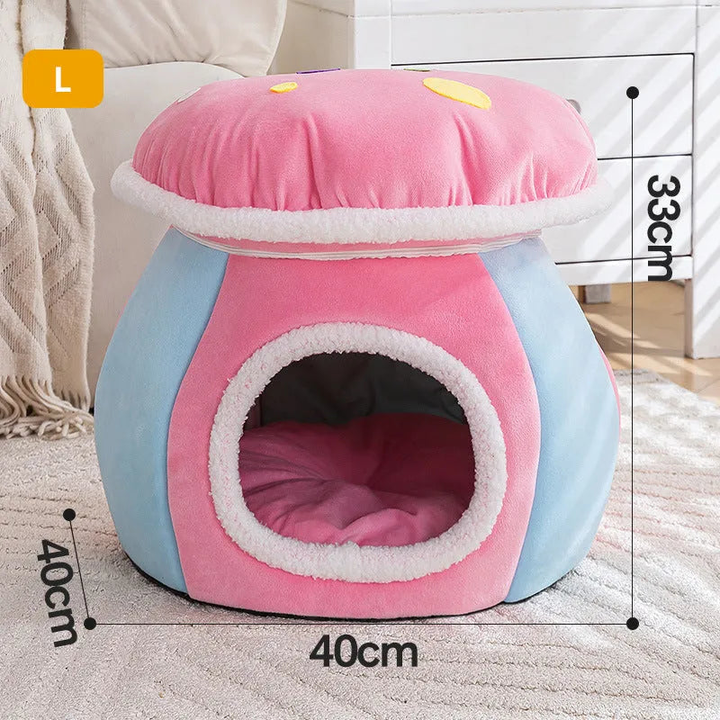 Grey mushroom-shaped plush cat bed with a detachable blanket, shown on a wooden floor.