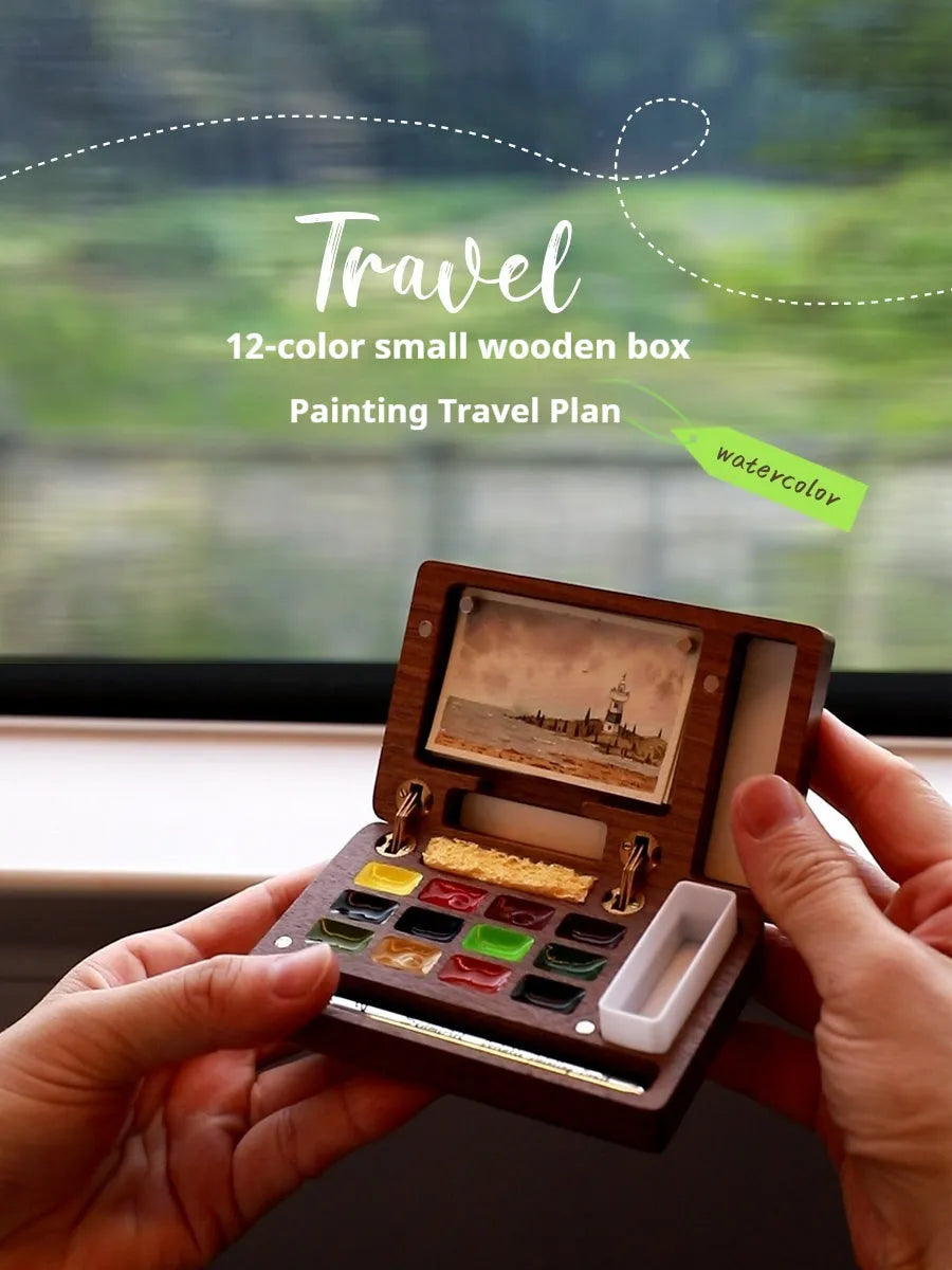 Miniature walnut wood watercolour paint box with professional pigment suits including German Schminke and Holbein colours