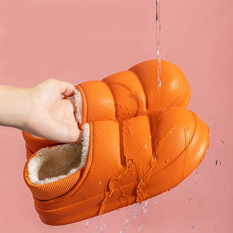 Waterproof EVA couple slippers in multiple colours with a non-slip sole and plush lining for winter.