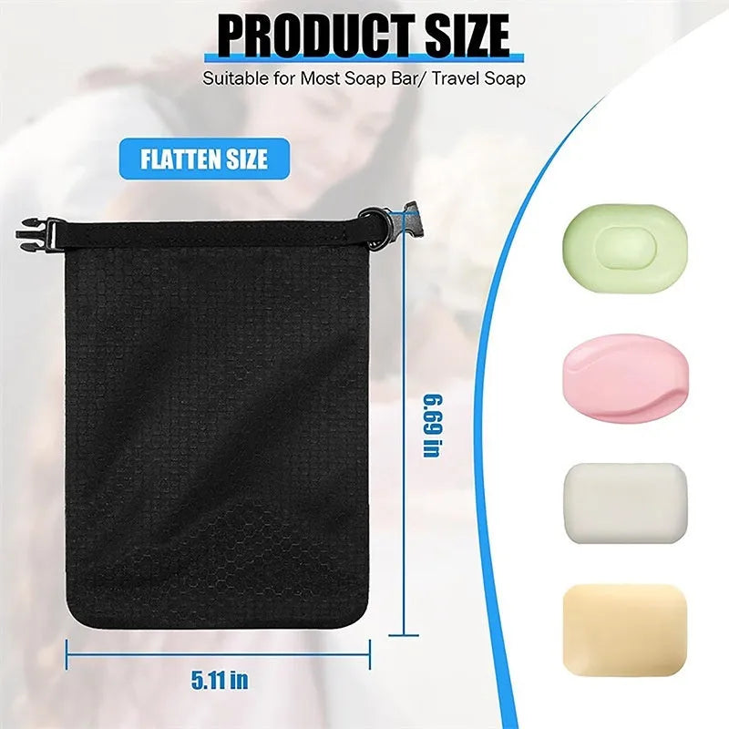 Waterproof mesh soap bag with quick-drying bubble net design measuring 17x13 cm