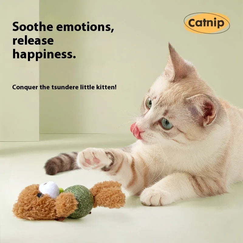 Plush cat toy shaped with catnip ball and bell inside, shown in one of four animal colour designs