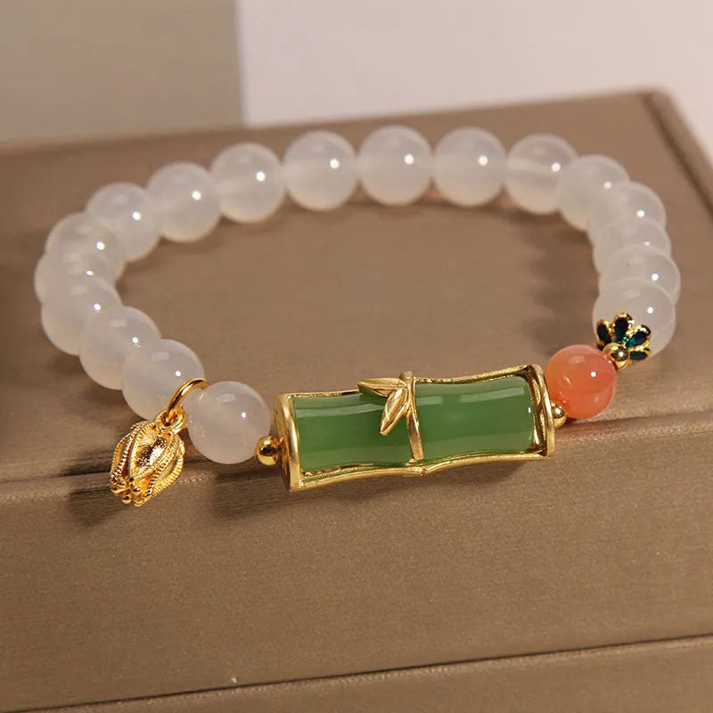 White agate and jade bamboo beaded bracelet in Chinese retro style for women