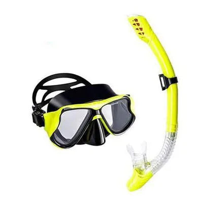 Anti-fog diving mask with PC frame and silicone strap in black, blue, pink or yellow, shown with a test tube.