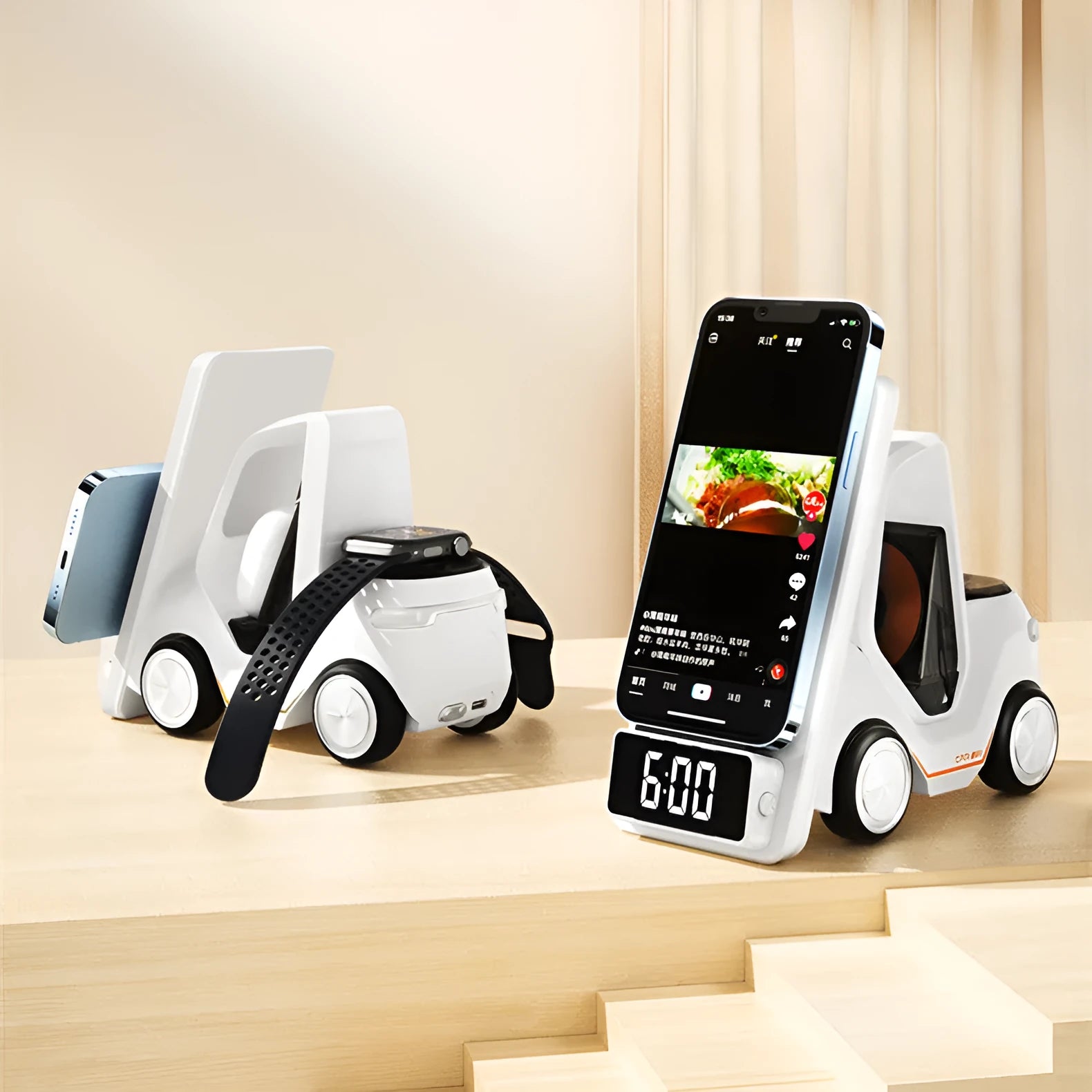 15W three-in-one wireless charging bracket in grey, white, yellow, or orange colours with 150mm dimensions