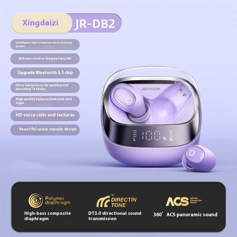 Wireless Bluetooth in-ear headphones with a compact white charging case on a table.