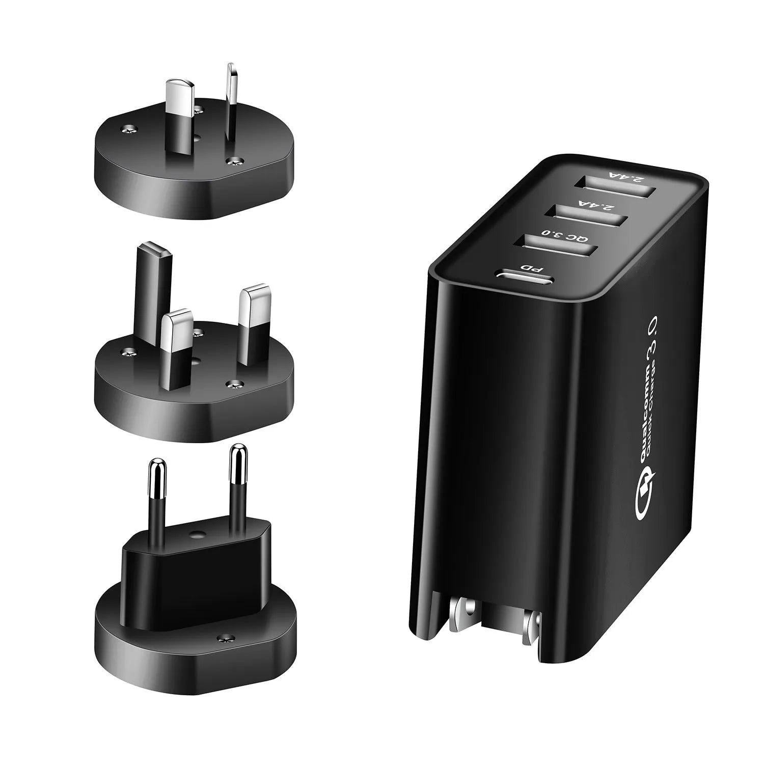 Four-port USB-C PD wall charger with international plug adapters in black or white