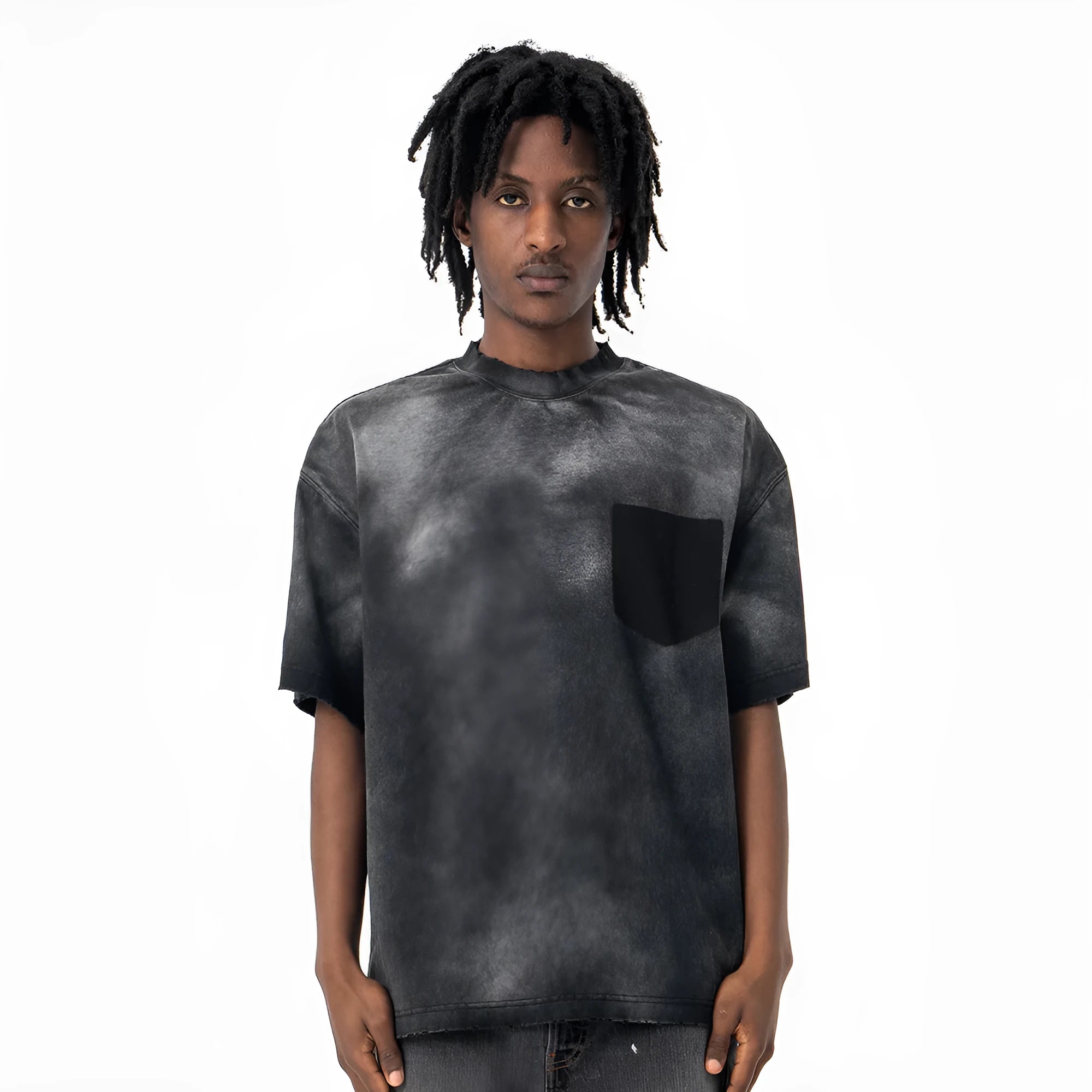 Men's black cotton T-shirt with white printed letters pattern and drop-shoulder sleeves