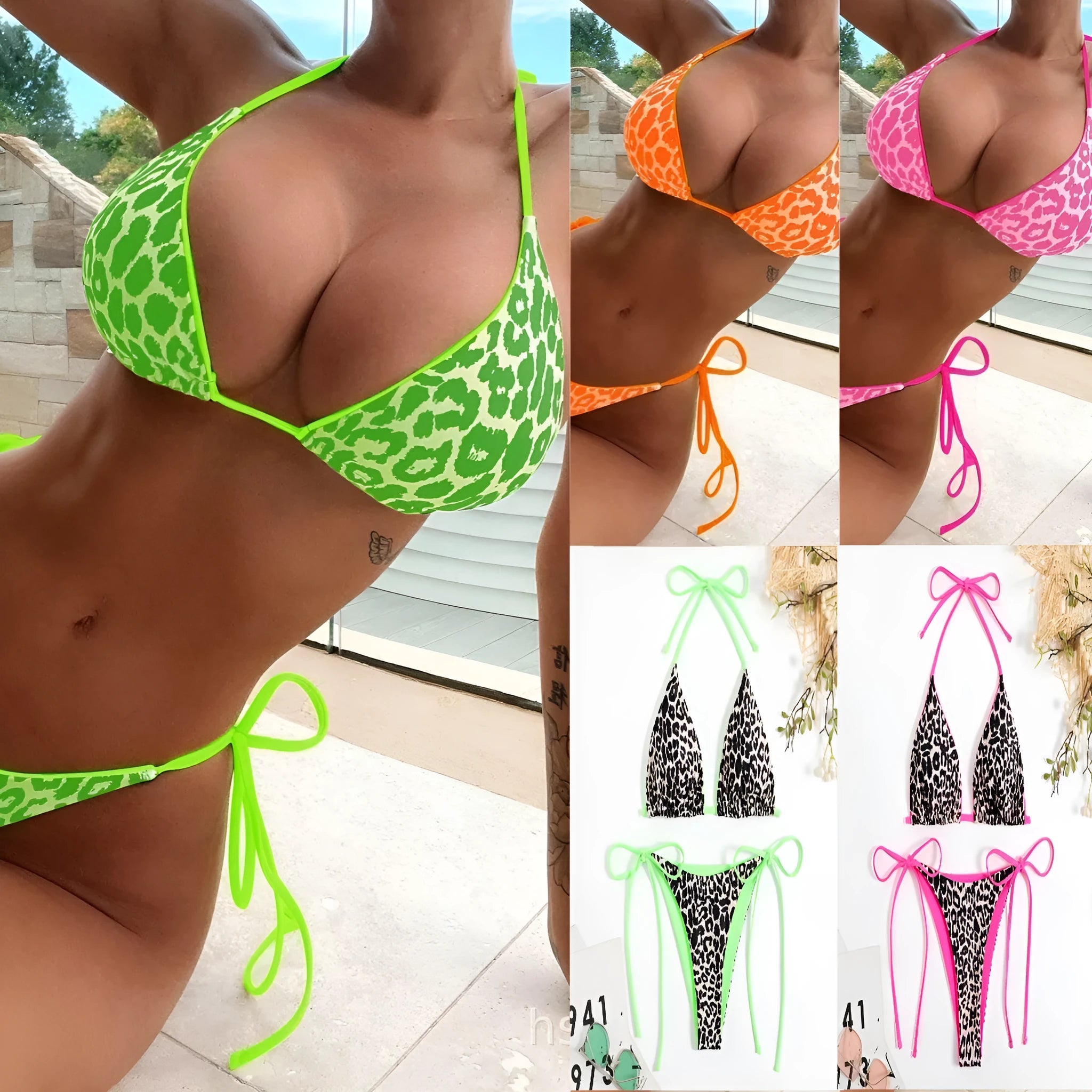 Women's blue lace-up triangle bikini set with adjustable ties and matching bottoms