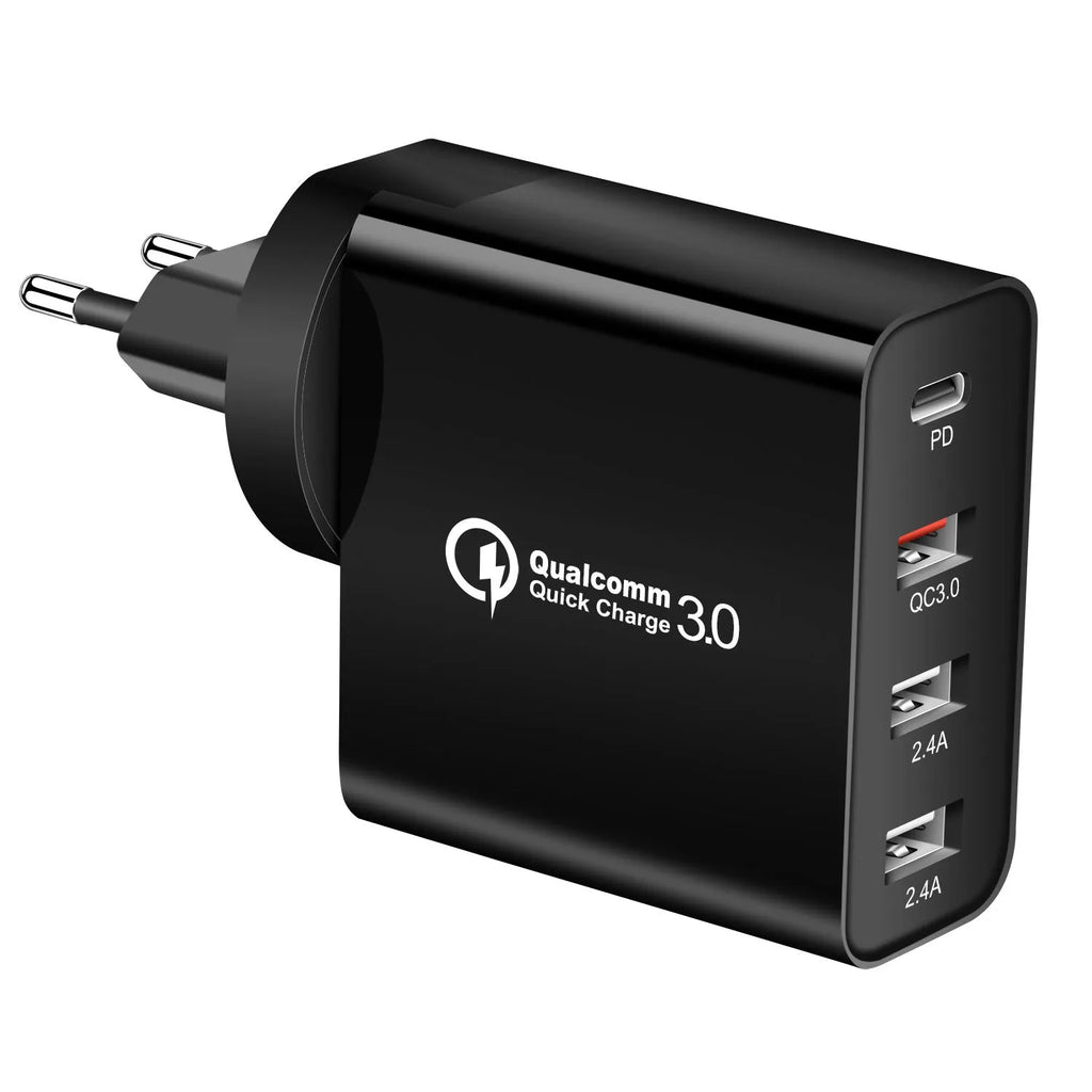 Four-port USB-C PD wall charger with international plug adapters in black or white