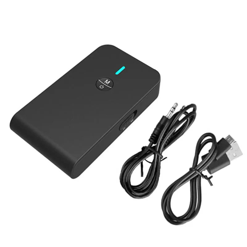 Black Bluetooth audio adapter with 3.5mm AUX cable and external power supply