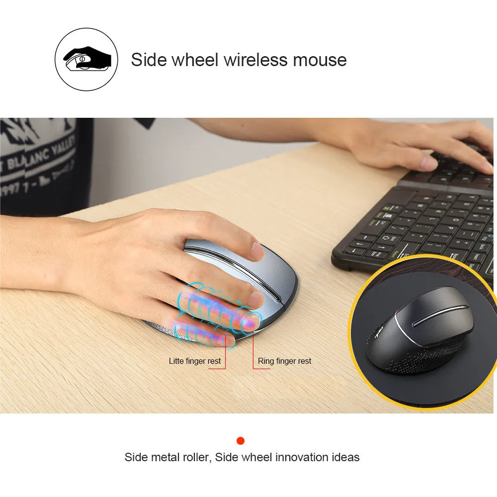 T32 wireless vertical ergonomic mouse with aluminium side roller in black or silver matte finish