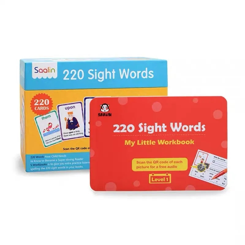 Early childhood educational word card gift box set with 220 vocabulary cards and 5 workbooks