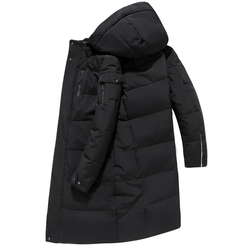 Long padded down jacket for men in black colour with white duck down filling polyester shell