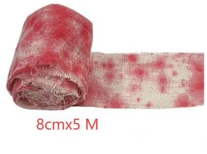 Roll of red polyester horror bandage with bloody print for Halloween decorations and costumes.