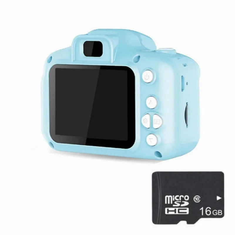 Children's HD digital waterproof camera in blue, showing 2.3 inch LCD screen and compact 80x60mm body