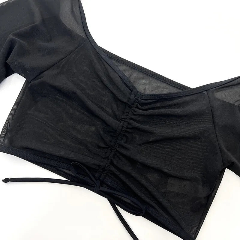 Black mesh bikini four-piece swimsuit set with long sleeves for women's swimming sports
