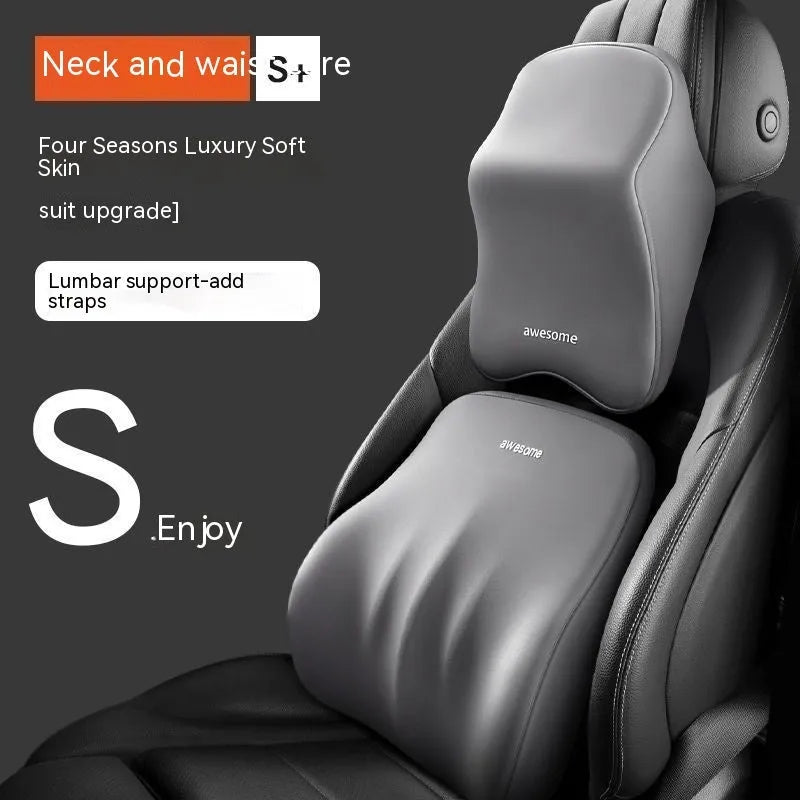 Memory foam car neck pillow and lumbar support cushion set in grey.